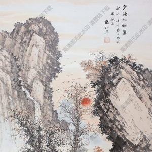 袁松年作品 夕陽紅樹暮秋山 高清大圖下載